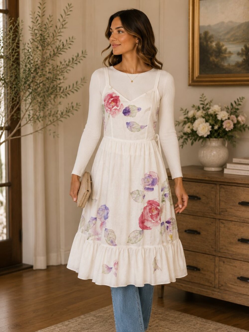Handpainted Floral Long Pinafore Apron Dress